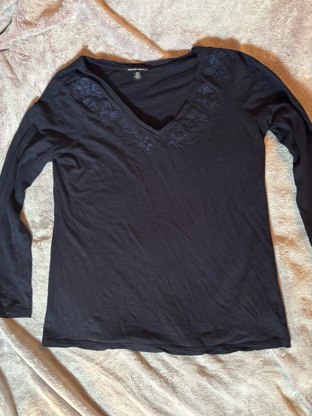 navy blue long sleeve with embroidered flowers